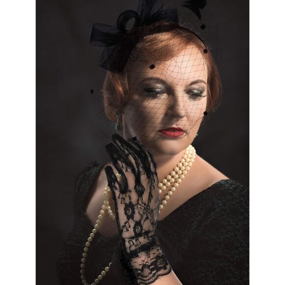 Fascinator Hat Feather Veil Lace Gloves for Women Elegant Tea Party & Formal Wea - Picture 4 of 7